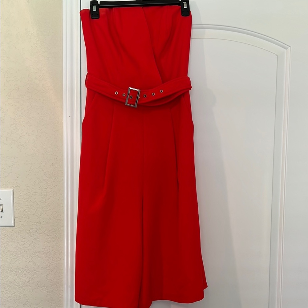 Red Strapless Jumpsuit with Belt